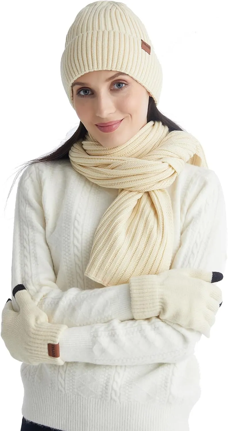 3 Pcs Hat and Scarf Gloves Set for Women and Men Winter Soft Knit Christmas Hat and Neck Warmer Gloves Set