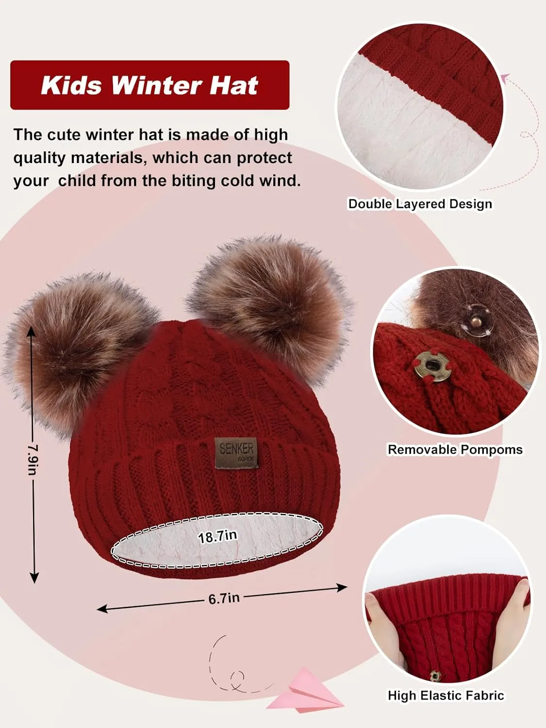 3 Pcs Kids Winter Beanie Hat Scarf Gloves Set for Girls Boys Knit Warm Pompom Toddler Hats Mittens Neck Warmer