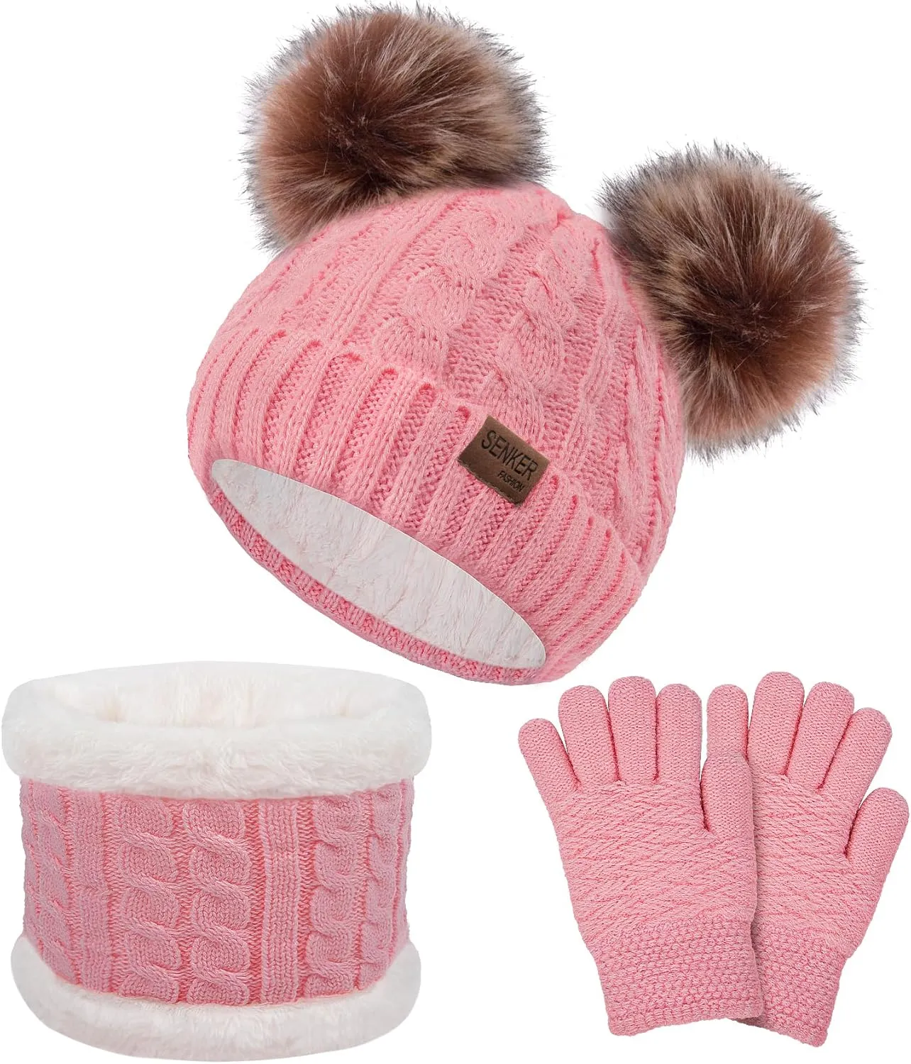 3 Pcs Kids Winter Beanie Hat Scarf Gloves Set for Girls Boys Knit Warm Pompom Toddler Hats Mittens Neck Warmer