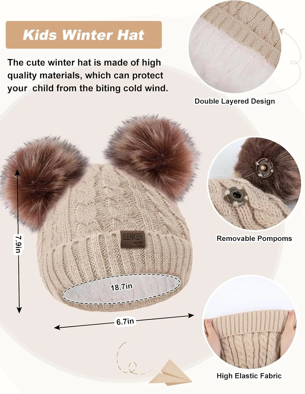 3 Pcs Kids Winter Beanie Hat Scarf Gloves Set for Girls Boys Knit Warm Pompom Toddler Hats Mittens Neck Warmer