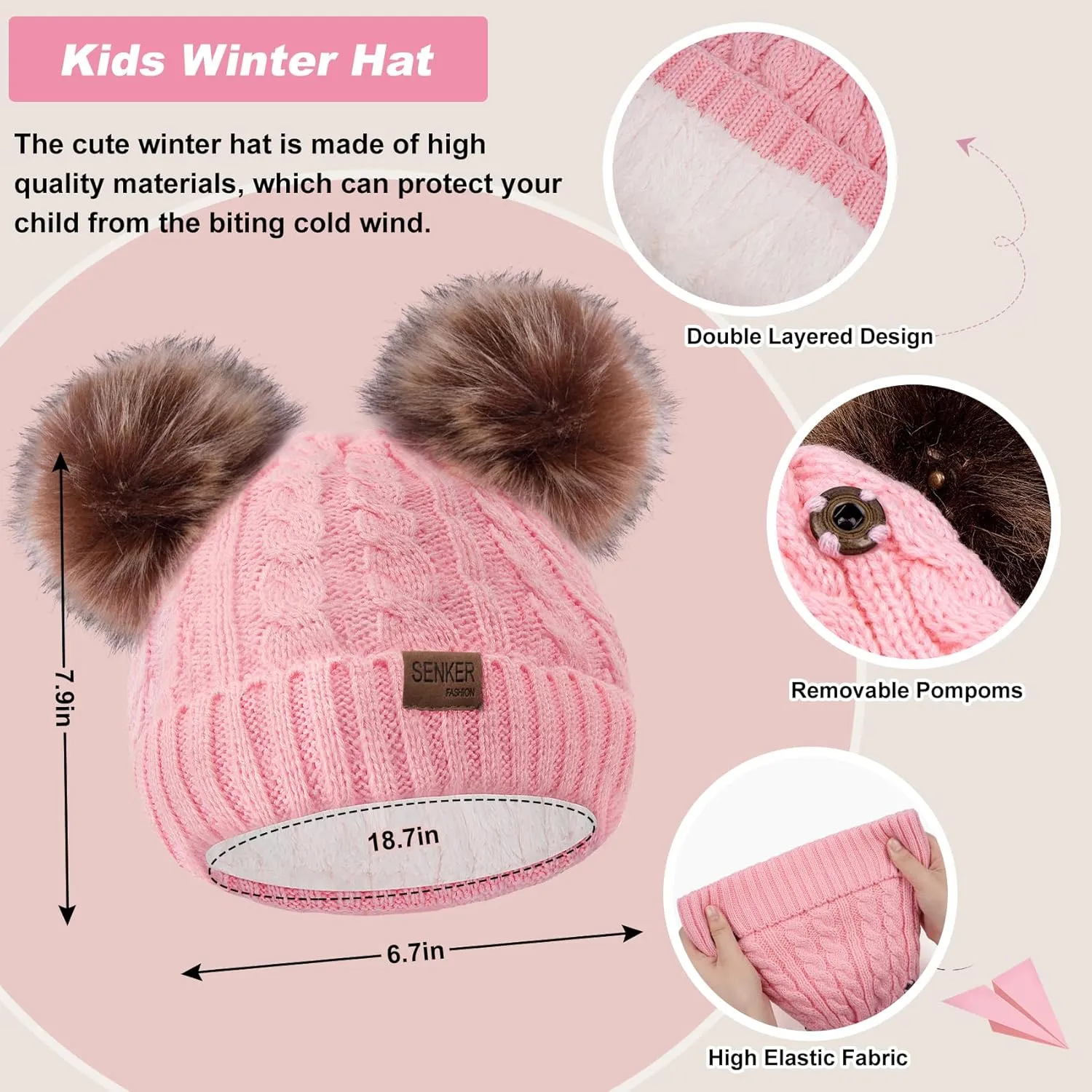 3 Pcs Kids Winter Beanie Hat Scarf Gloves Set for Girls Boys Knit Warm Pompom Toddler Hats Mittens Neck Warmer