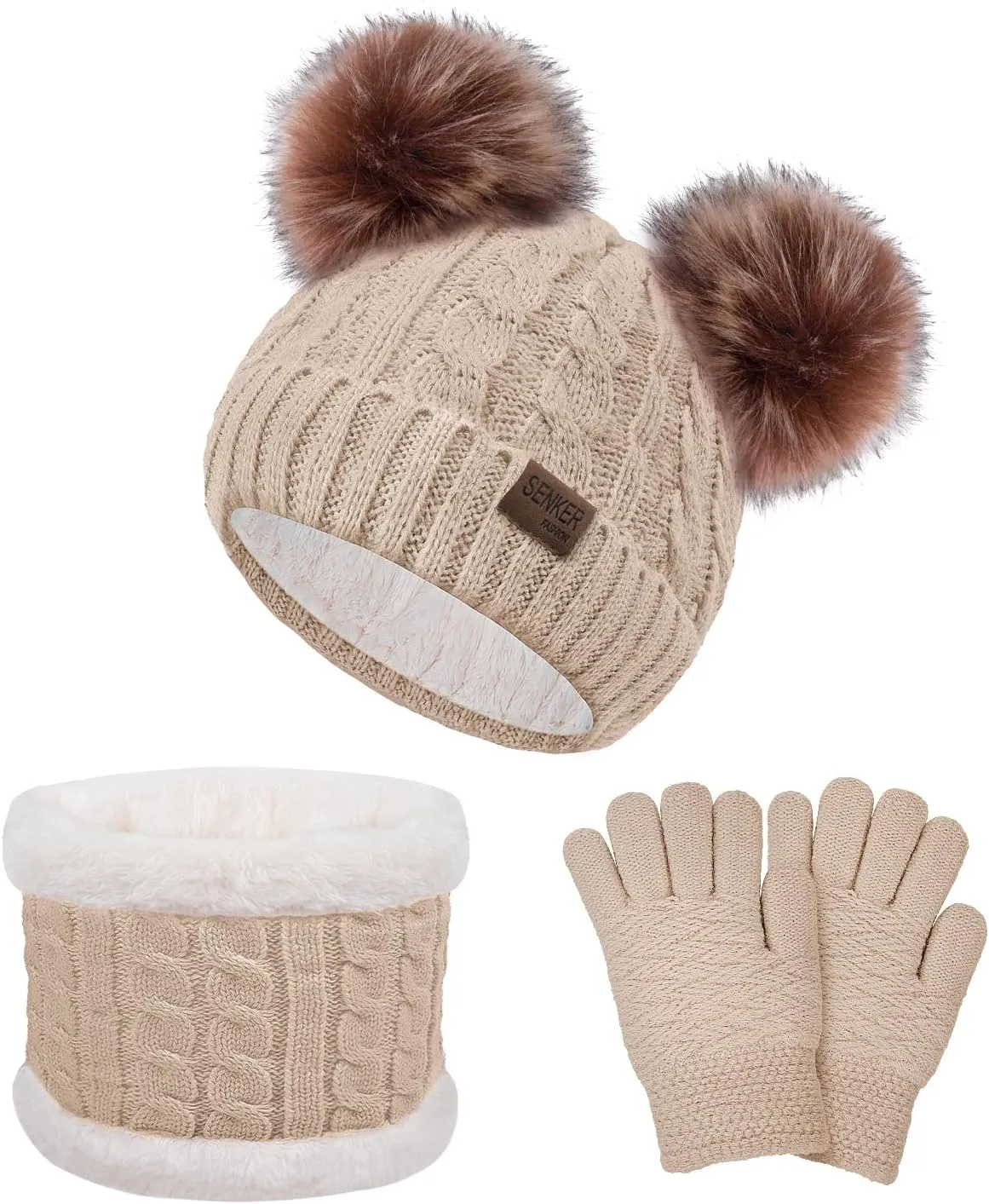 3 Pcs Kids Winter Beanie Hat Scarf Gloves Set for Girls Boys Knit Warm Pompom Toddler Hats Mittens Neck Warmer