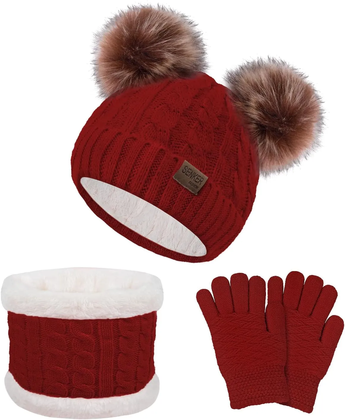 3 Pcs Kids Winter Beanie Hat Scarf Gloves Set for Girls Boys Knit Warm Pompom Toddler Hats Mittens Neck Warmer
