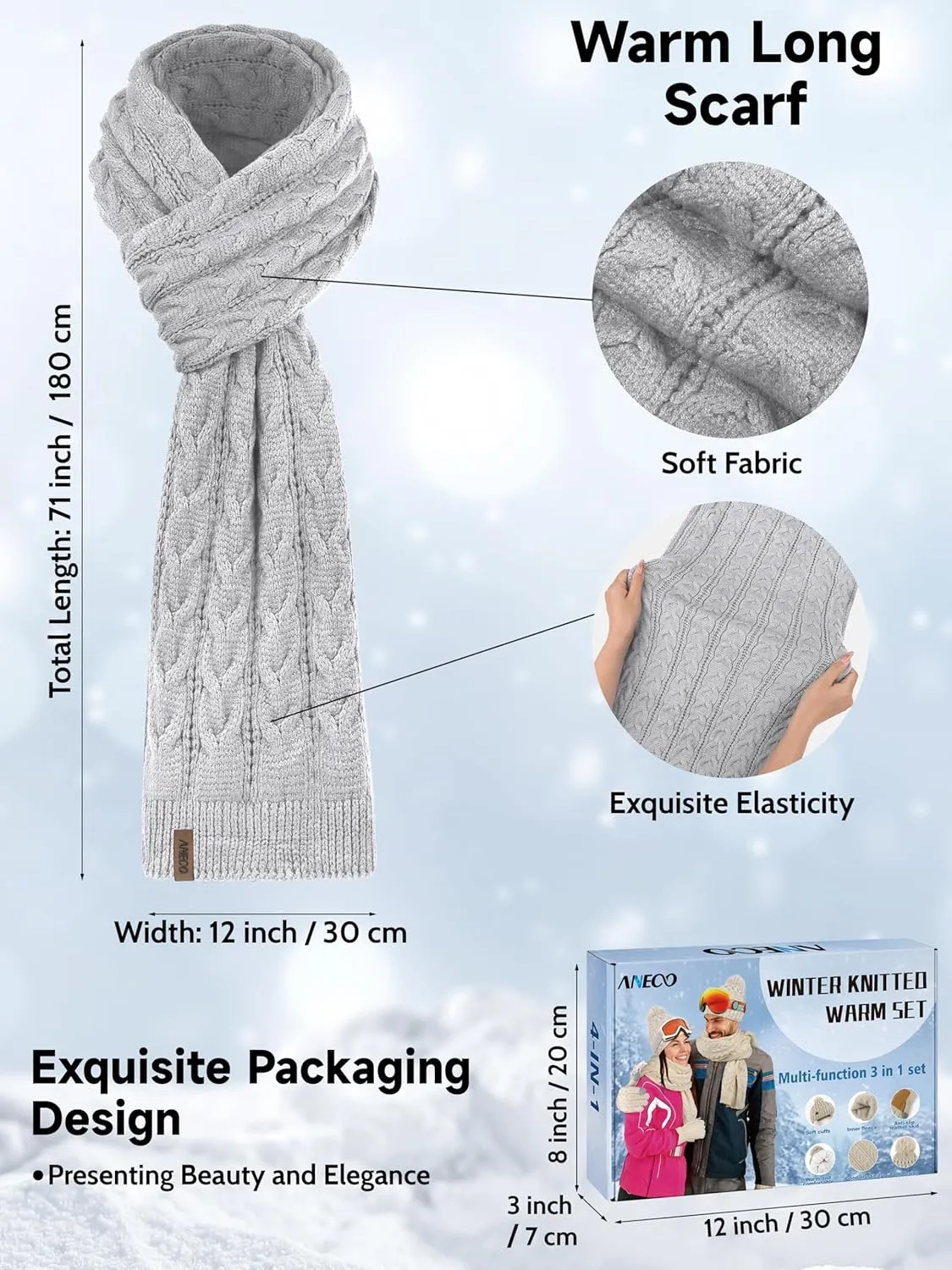 Aneco Winter Beanie Hat Scarf Gloves Ear Warmer Set for Women Fleece Lined Pom Pom Beanie Touchscreen Gloves 4 in 1 Set