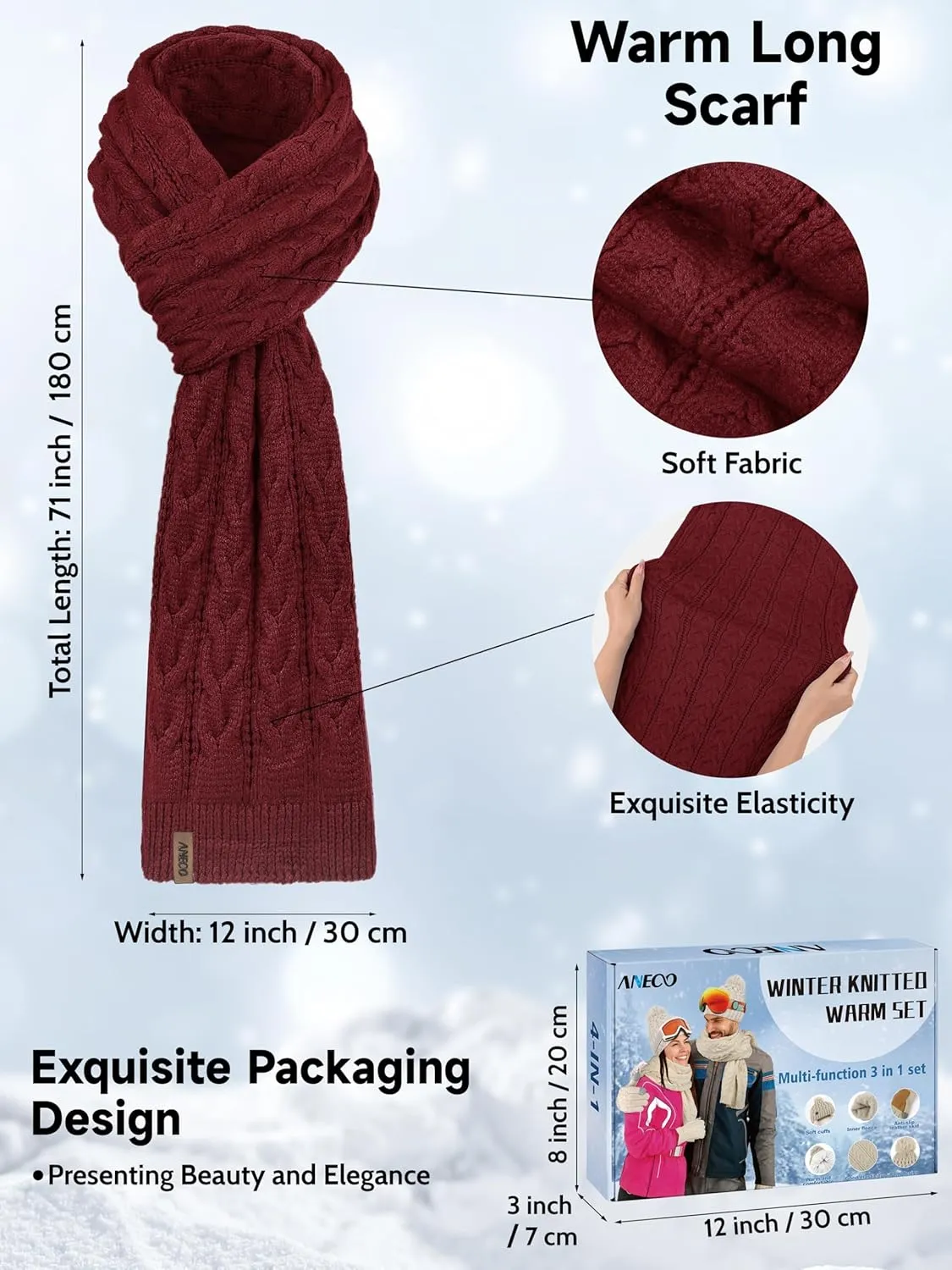Aneco Winter Beanie Hat Scarf Gloves Ear Warmer Set for Women Fleece Lined Pom Pom Beanie Touchscreen Gloves 4 in 1 Set