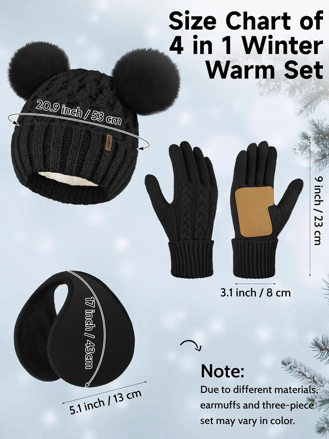 Aneco Winter Beanie Hat Scarf Gloves Ear Warmer Set for Women Fleece Lined Pom Pom Beanie Touchscreen Gloves 4 in 1 Set