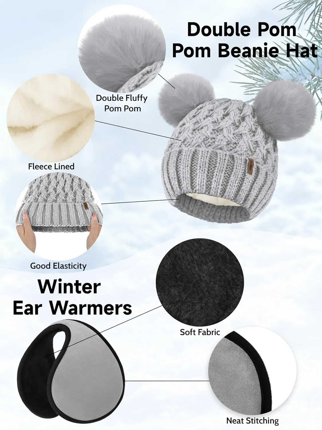 Aneco Winter Beanie Hat Scarf Gloves Ear Warmer Set for Women Fleece Lined Pom Pom Beanie Touchscreen Gloves 4 in 1 Set