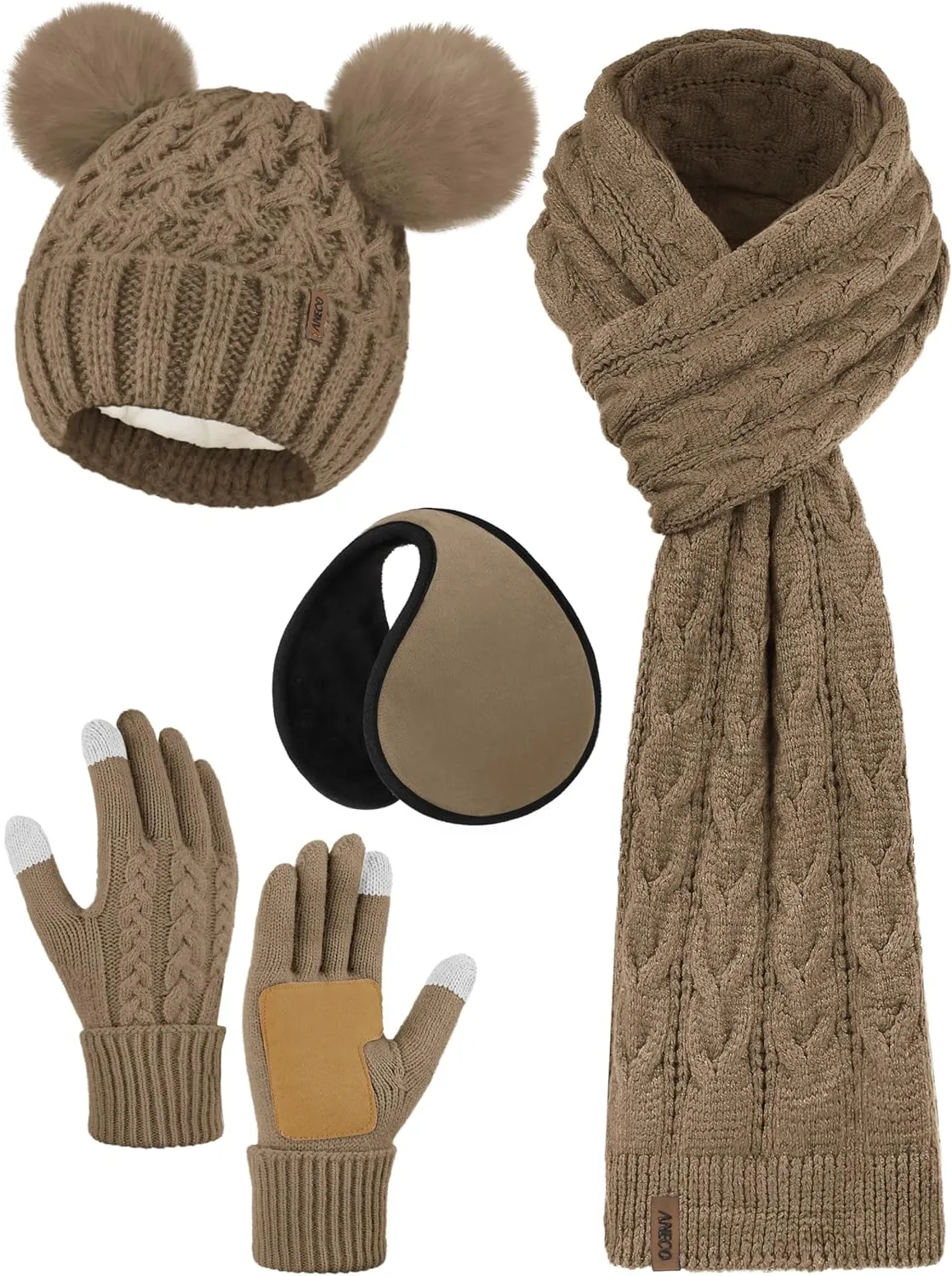 Aneco Winter Beanie Hat Scarf Gloves Ear Warmer Set for Women Fleece Lined Pom Pom Beanie Touchscreen Gloves 4 in 1 Set