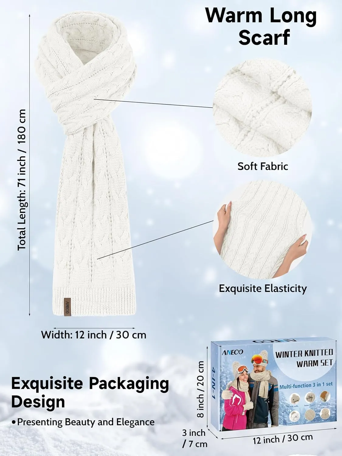 Aneco Winter Beanie Hat Scarf Gloves Ear Warmer Set for Women Fleece Lined Pom Pom Beanie Touchscreen Gloves 4 in 1 Set