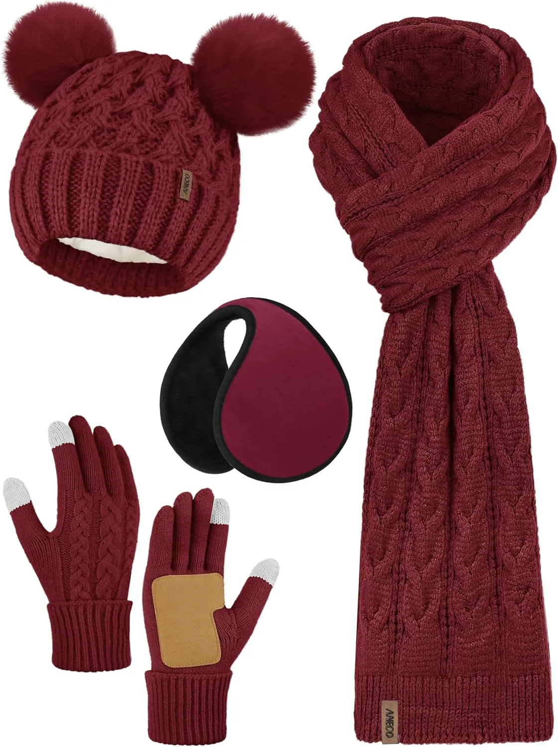 Aneco Winter Beanie Hat Scarf Gloves Ear Warmer Set for Women Fleece Lined Pom Pom Beanie Touchscreen Gloves 4 in 1 Set
