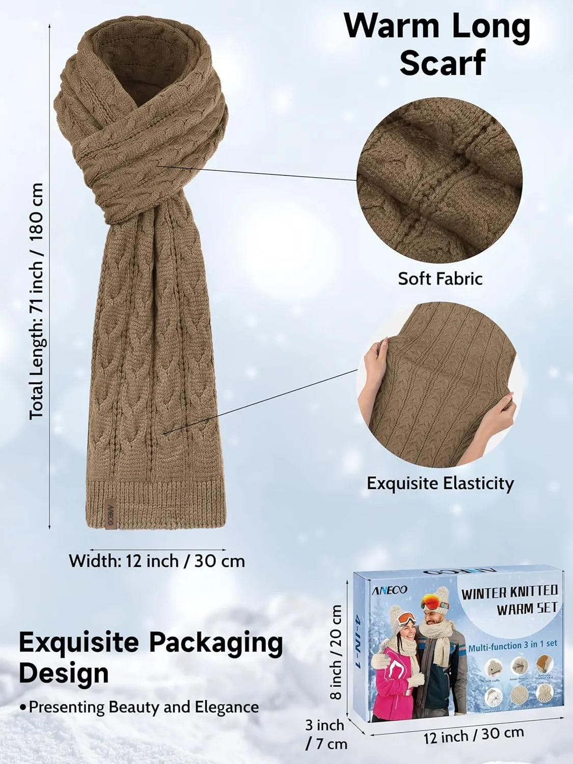 Aneco Winter Beanie Hat Scarf Gloves Ear Warmer Set for Women Fleece Lined Pom Pom Beanie Touchscreen Gloves 4 in 1 Set