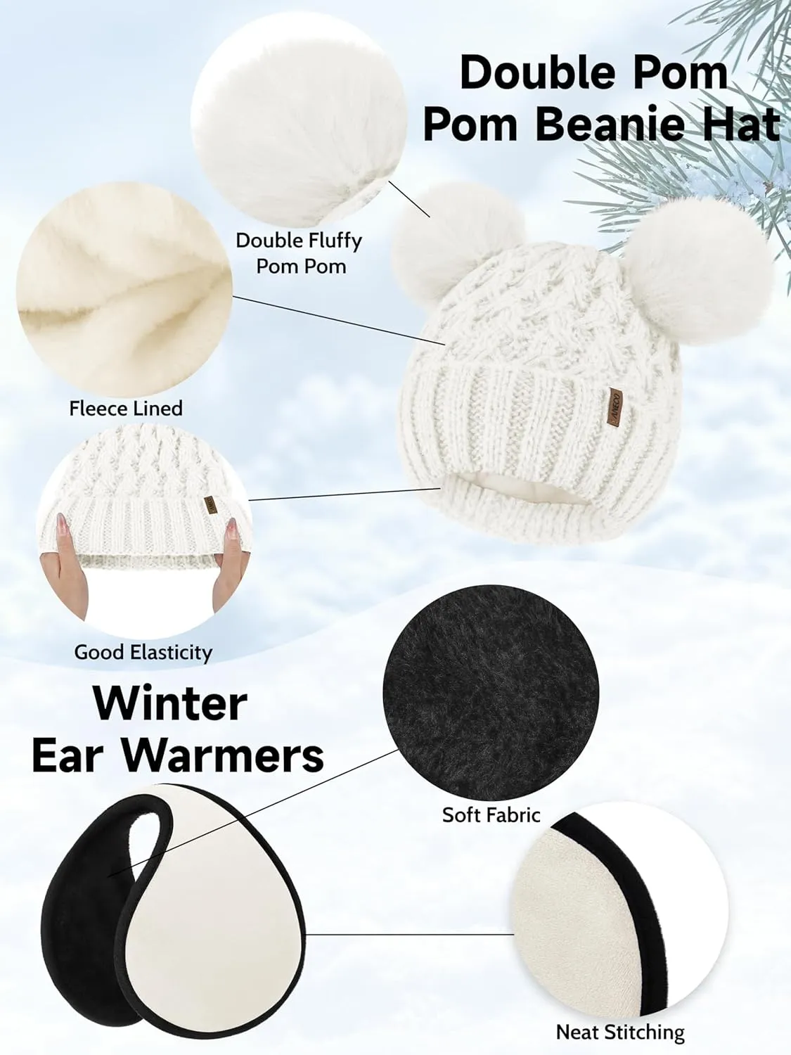 Aneco Winter Beanie Hat Scarf Gloves Ear Warmer Set for Women Fleece Lined Pom Pom Beanie Touchscreen Gloves 4 in 1 Set