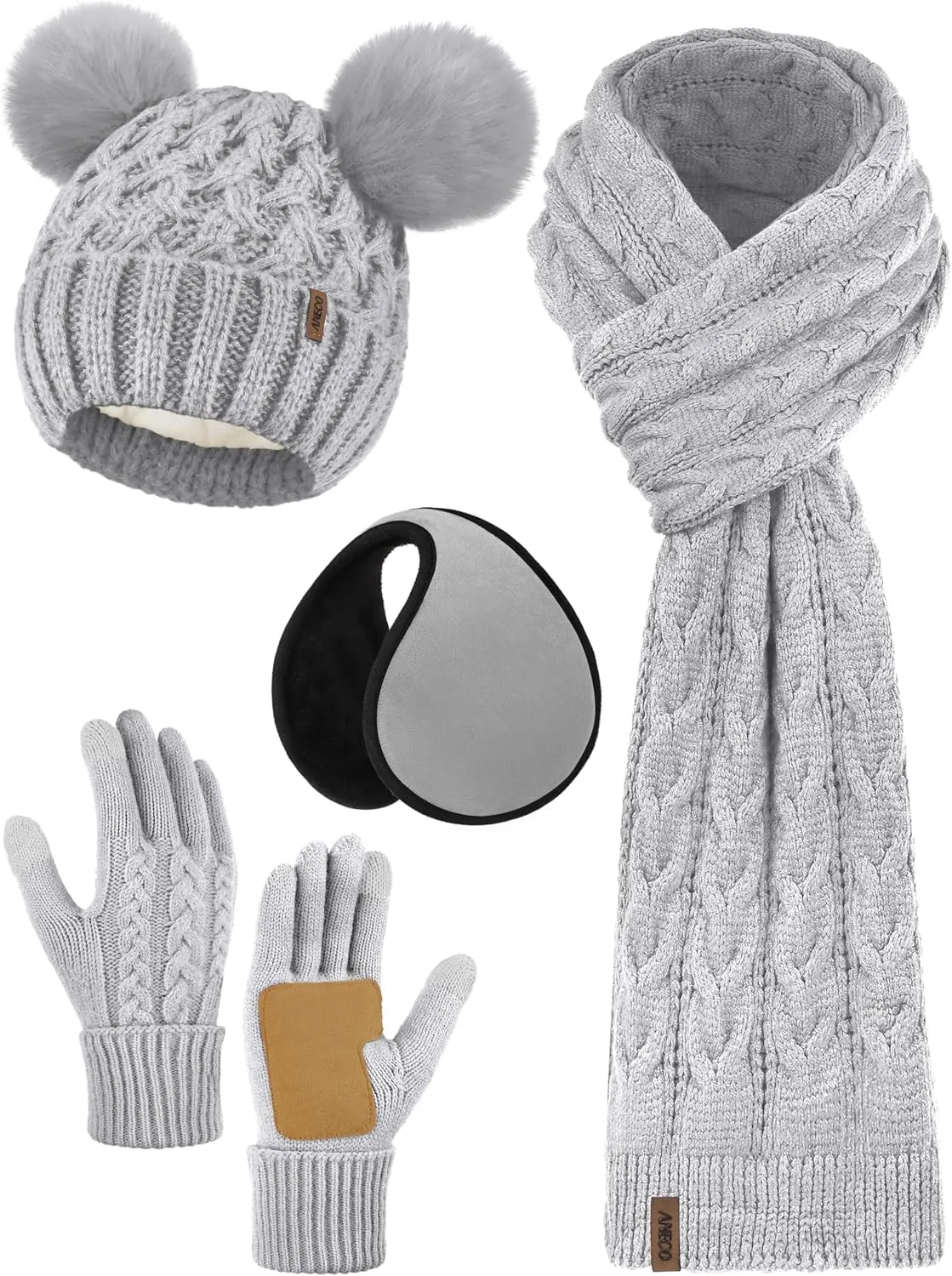 Aneco Winter Beanie Hat Scarf Gloves Ear Warmer Set for Women Fleece Lined Pom Pom Beanie Touchscreen Gloves 4 in 1 Set