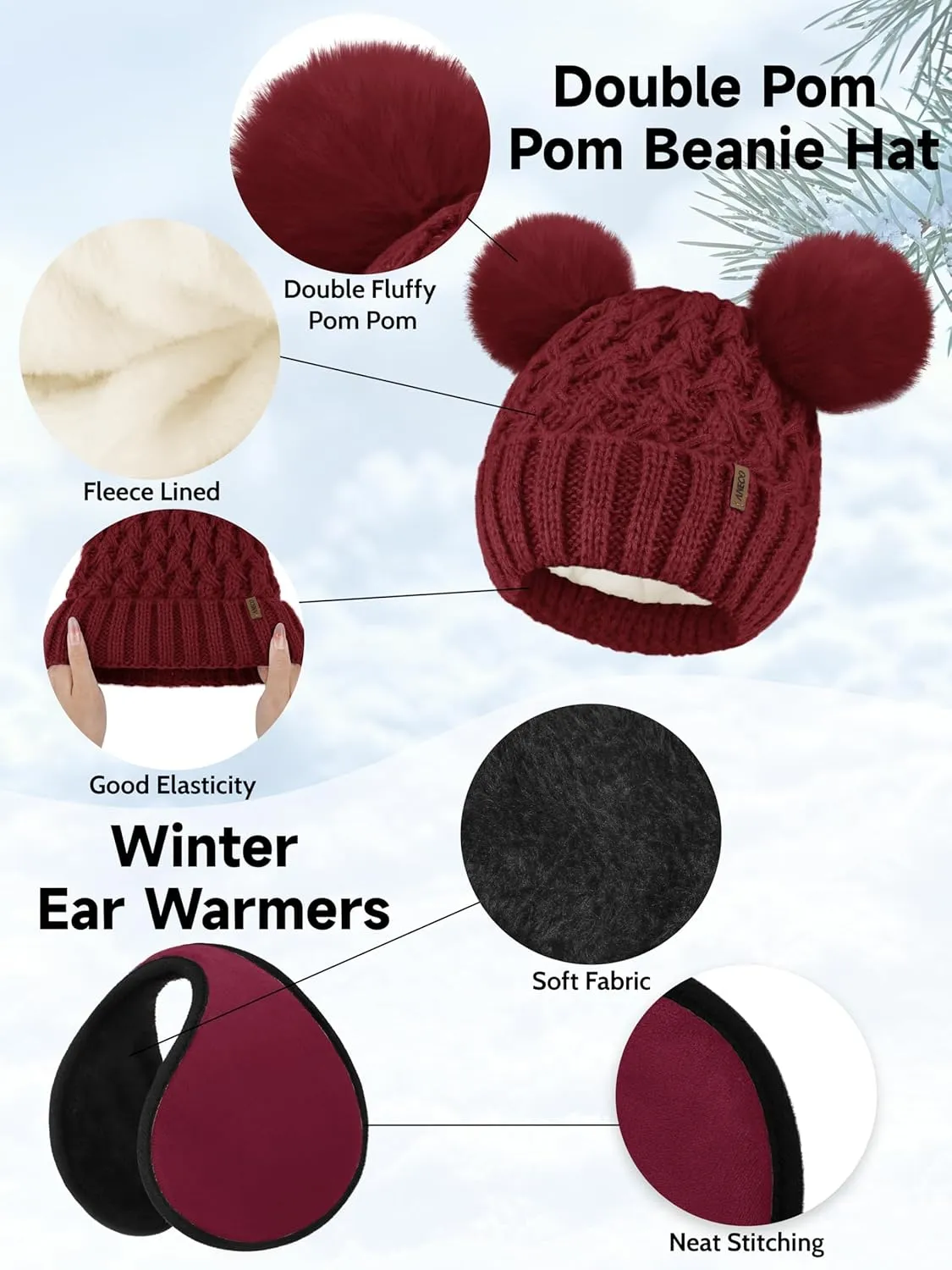 Aneco Winter Beanie Hat Scarf Gloves Ear Warmer Set for Women Fleece Lined Pom Pom Beanie Touchscreen Gloves 4 in 1 Set
