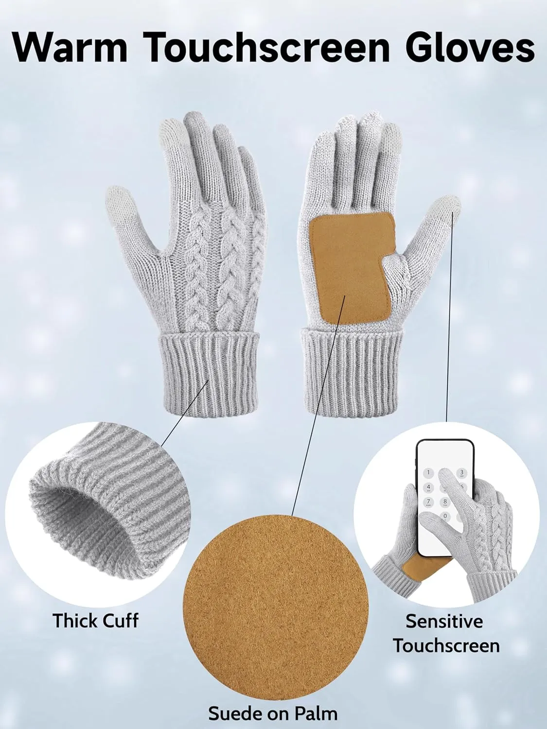 Aneco Winter Beanie Hat Scarf Gloves Ear Warmer Set for Women Fleece Lined Pom Pom Beanie Touchscreen Gloves 4 in 1 Set
