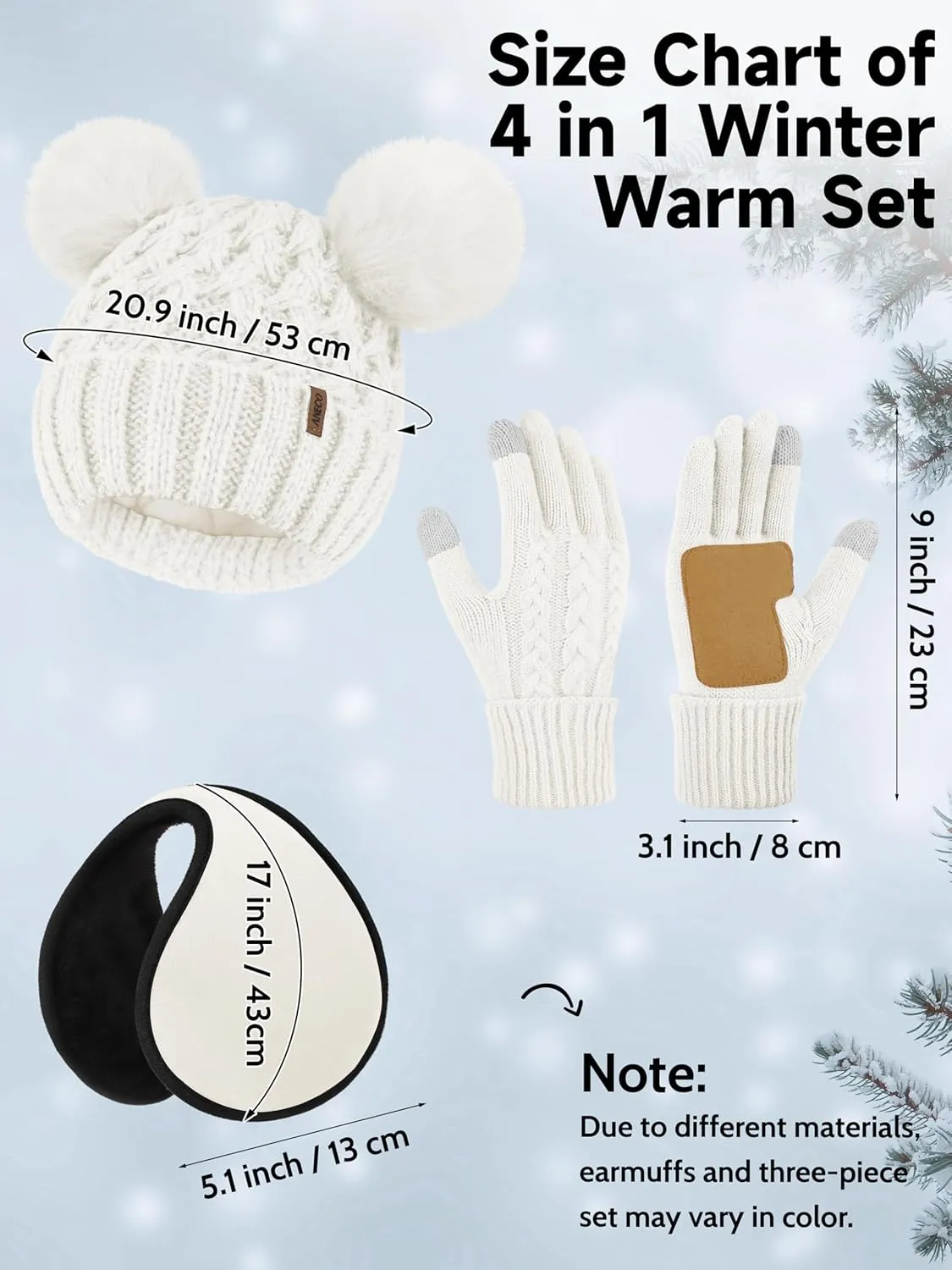 Aneco Winter Beanie Hat Scarf Gloves Ear Warmer Set for Women Fleece Lined Pom Pom Beanie Touchscreen Gloves 4 in 1 Set