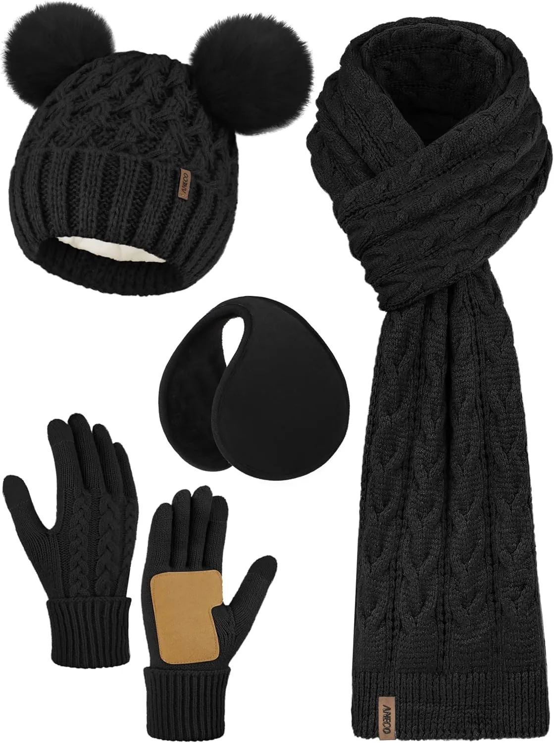 Aneco Winter Beanie Hat Scarf Gloves Ear Warmer Set for Women Fleece Lined Pom Pom Beanie Touchscreen Gloves 4 in 1 Set