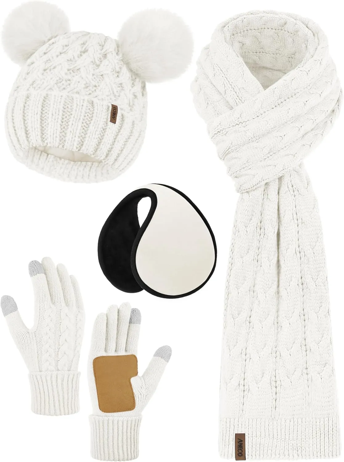 Aneco Winter Beanie Hat Scarf Gloves Ear Warmer Set for Women Fleece Lined Pom Pom Beanie Touchscreen Gloves 4 in 1 Set