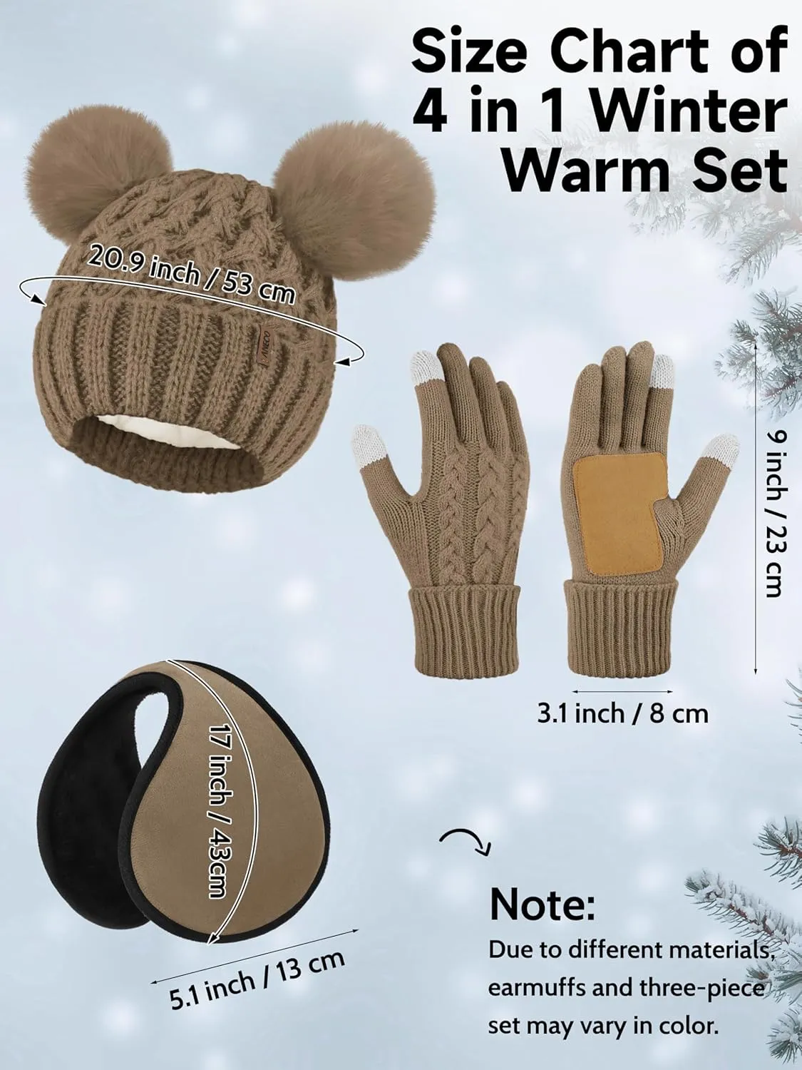 Aneco Winter Beanie Hat Scarf Gloves Ear Warmer Set for Women Fleece Lined Pom Pom Beanie Touchscreen Gloves 4 in 1 Set