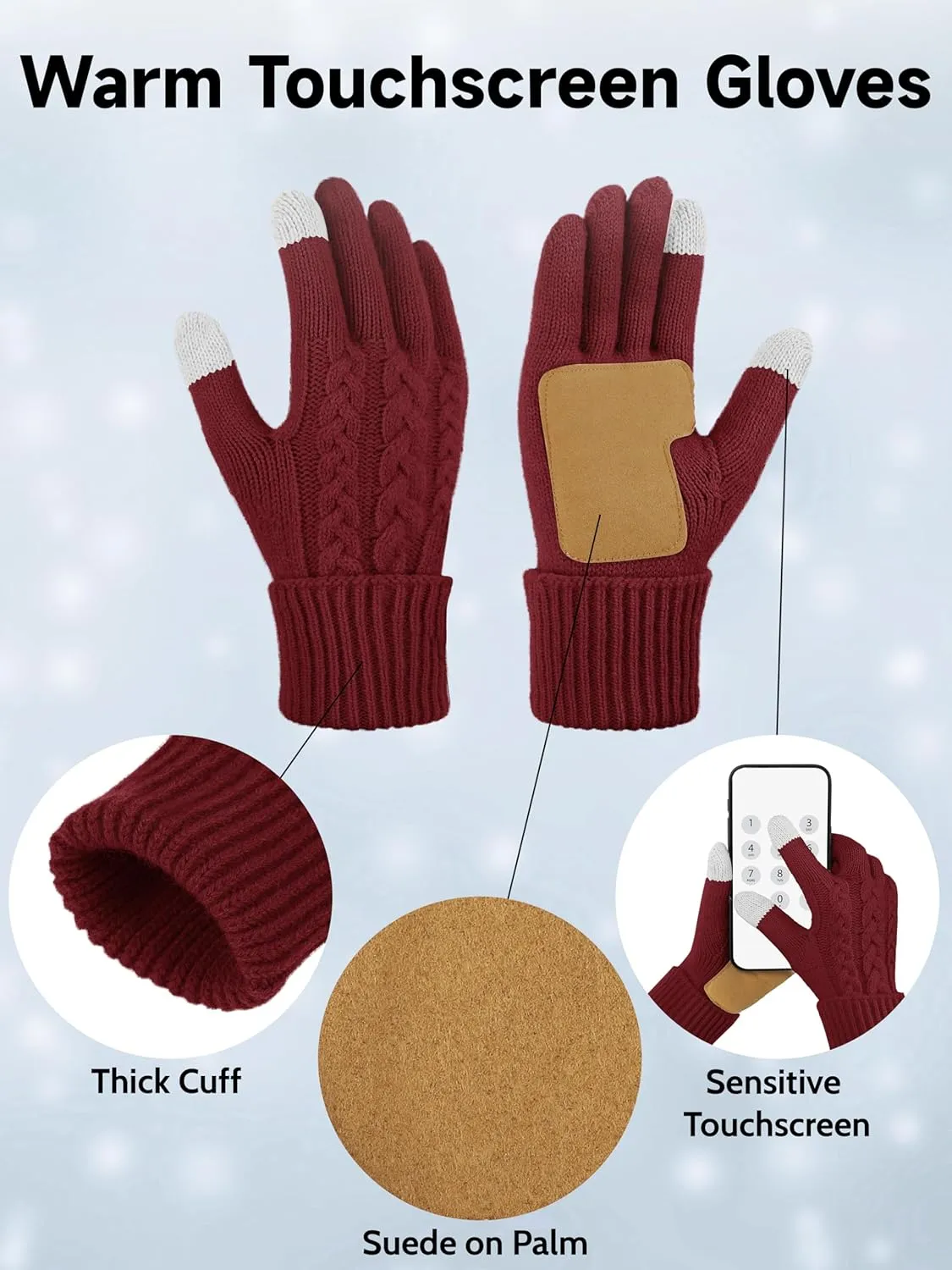 Aneco Winter Beanie Hat Scarf Gloves Ear Warmer Set for Women Fleece Lined Pom Pom Beanie Touchscreen Gloves 4 in 1 Set