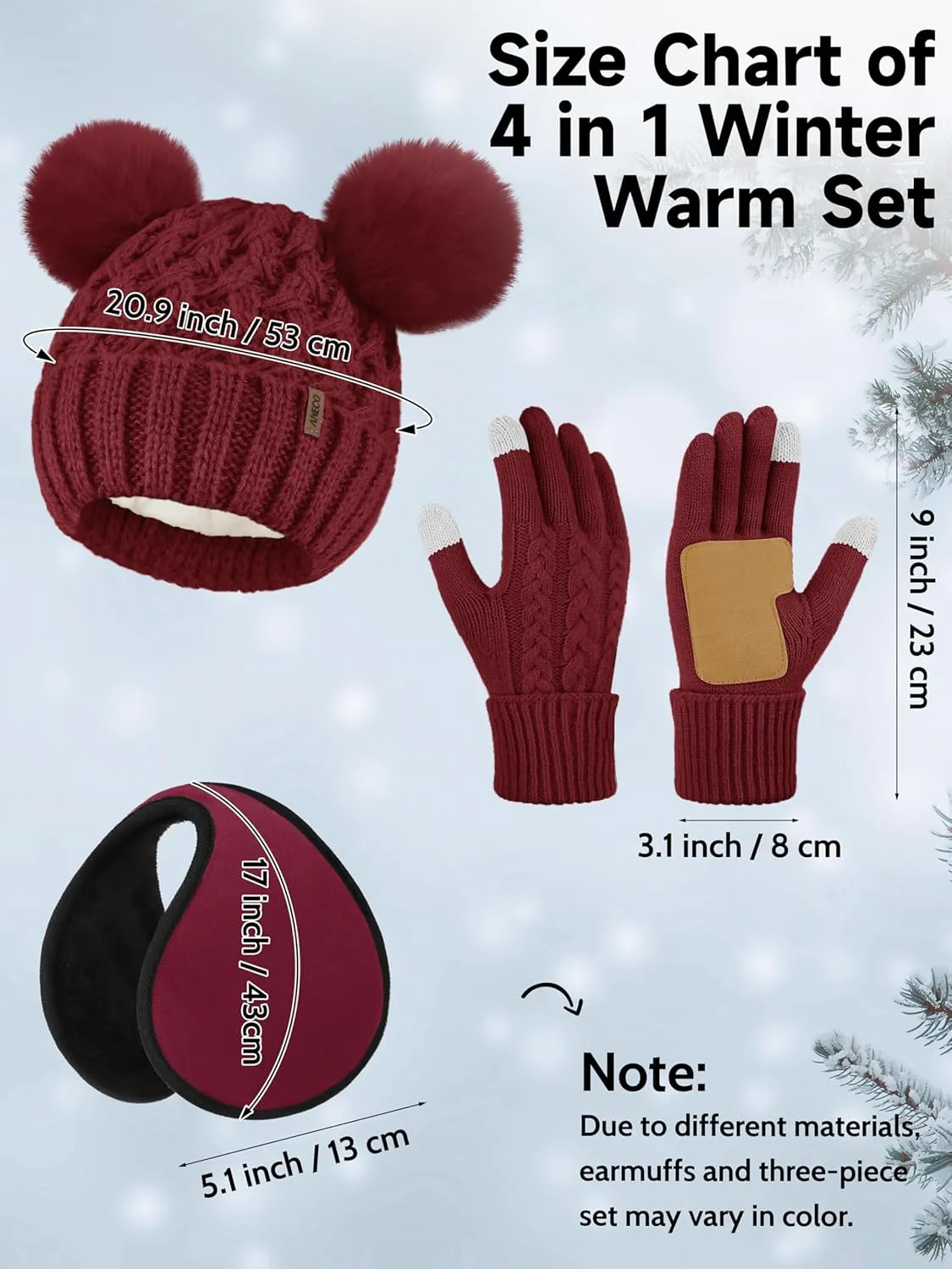 Aneco Winter Beanie Hat Scarf Gloves Ear Warmer Set for Women Fleece Lined Pom Pom Beanie Touchscreen Gloves 4 in 1 Set