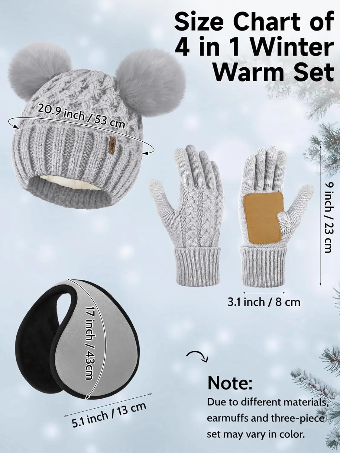 Aneco Winter Beanie Hat Scarf Gloves Ear Warmer Set for Women Fleece Lined Pom Pom Beanie Touchscreen Gloves 4 in 1 Set