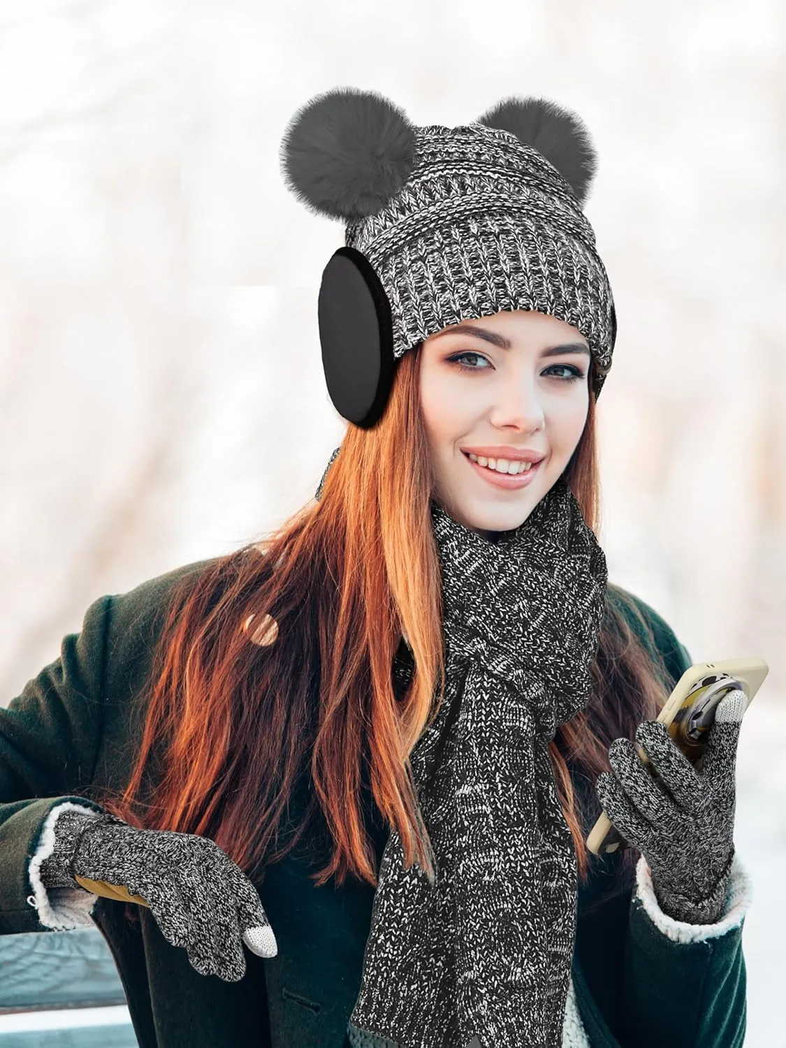 Aneco Women Winter Beanie Hat Scarf Gloves Set Warm Fleece Cap with PomPom Knit Anti-Slip Touchscreen Gloves for Cold Weather