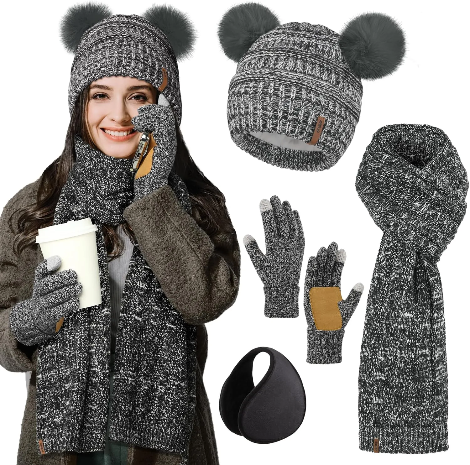 Aneco Women Winter Beanie Hat Scarf Gloves Set Warm Fleece Cap with PomPom Knit Anti-Slip Touchscreen Gloves for Cold Weather