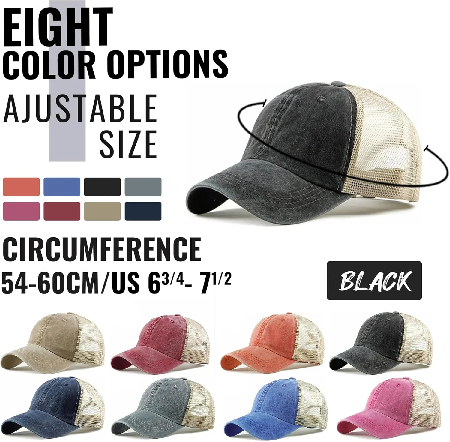 Croogo Men's Adjustable Mesh Back Cap Curved Bill Snapback Mesh Baseball Cap Retro Washed Trucker Cap Breathable Sun Hat