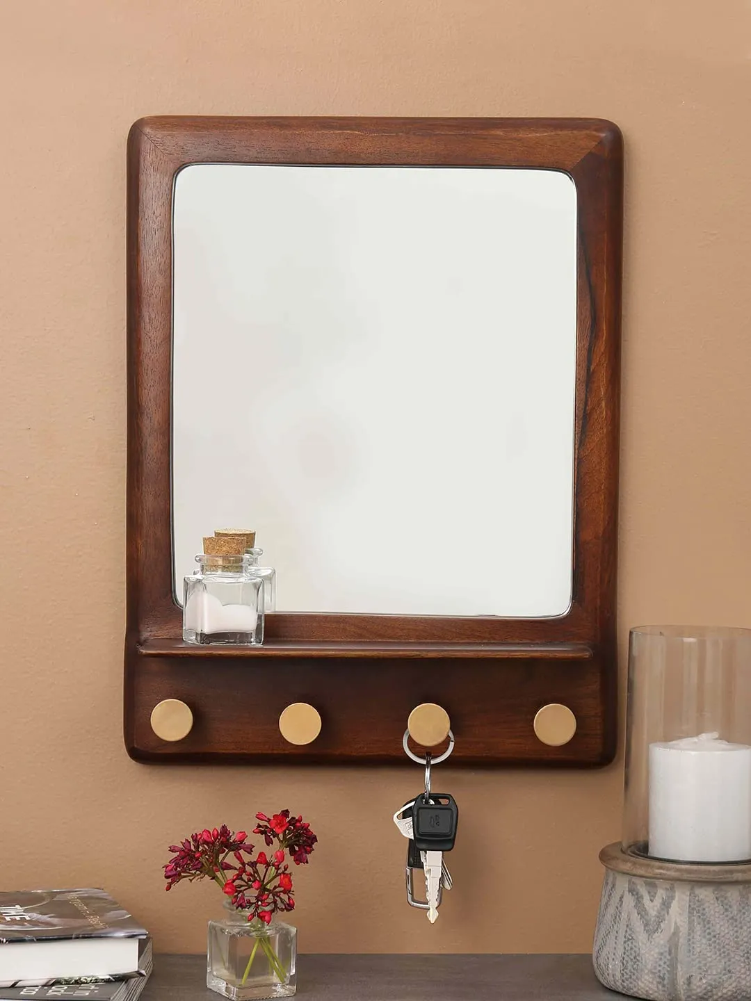 Ellementry Ebony Square Mirror with Shelf & Hooks