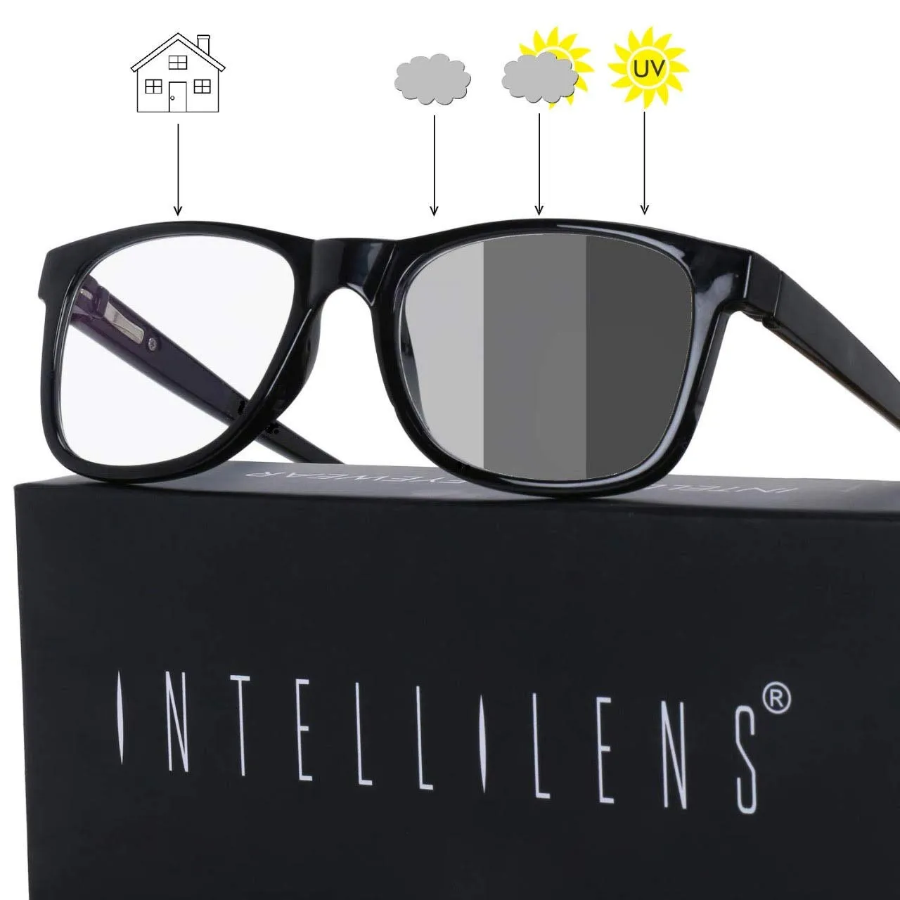 Intellilens | Zero Power Blue Cut Computer Glasses with Photochromic Lens | Anti Glare, Lightweight & Blocks Harmful Rays | UV Protection Specs | For Men & Women | Black | Wayfarer| Medium