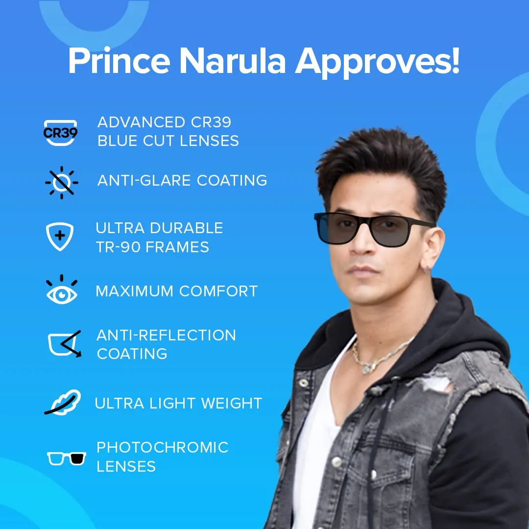 Intellilens | Zero Power Blue Cut Computer Glasses with Photochromic Lens | Anti Glare, Lightweight & Blocks Harmful Rays | UV Protection Specs | For Men & Women | Black | Wayfarer| Medium