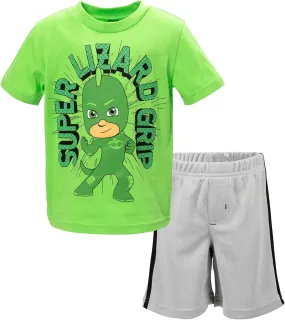 PJ Masks Gekko Owlette Catboy T-Shirt and Mesh Shorts Outfit Set Toddler to Little Kid