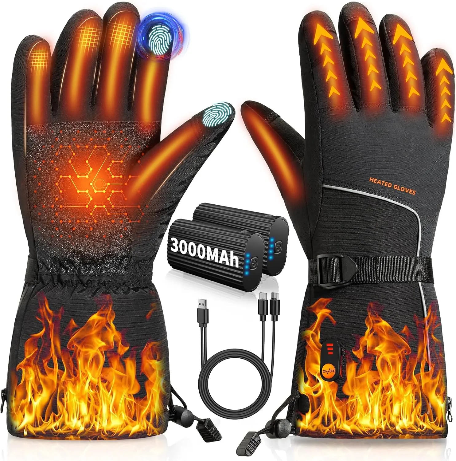 Rechargeable Electric Heated Gloves for Men and Women - 3000mAh 7.4V, Waterproof Touch Screen