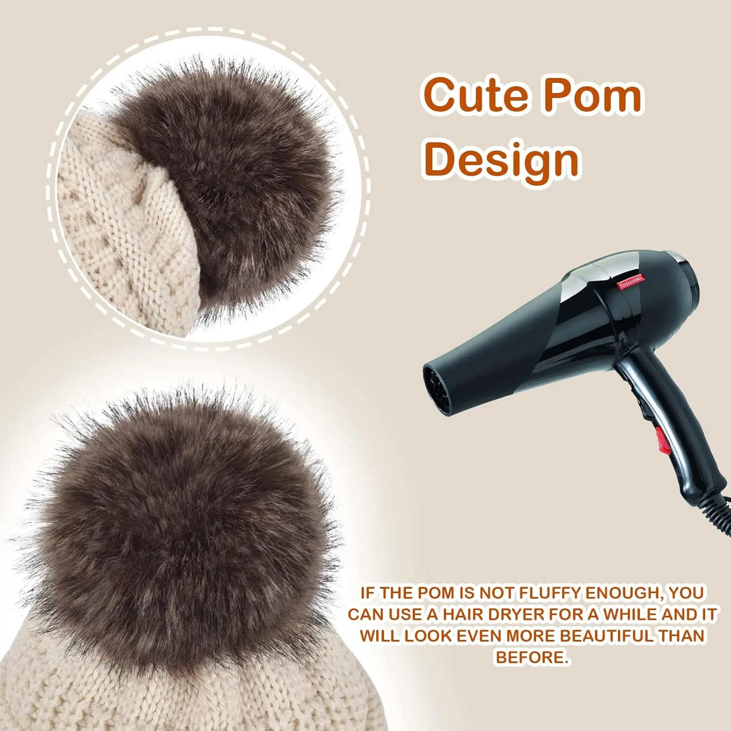 Slouchy Beanie Hat Gloves Set Women Winter Knit Warm Fleece Lined Cap with Cute Pom