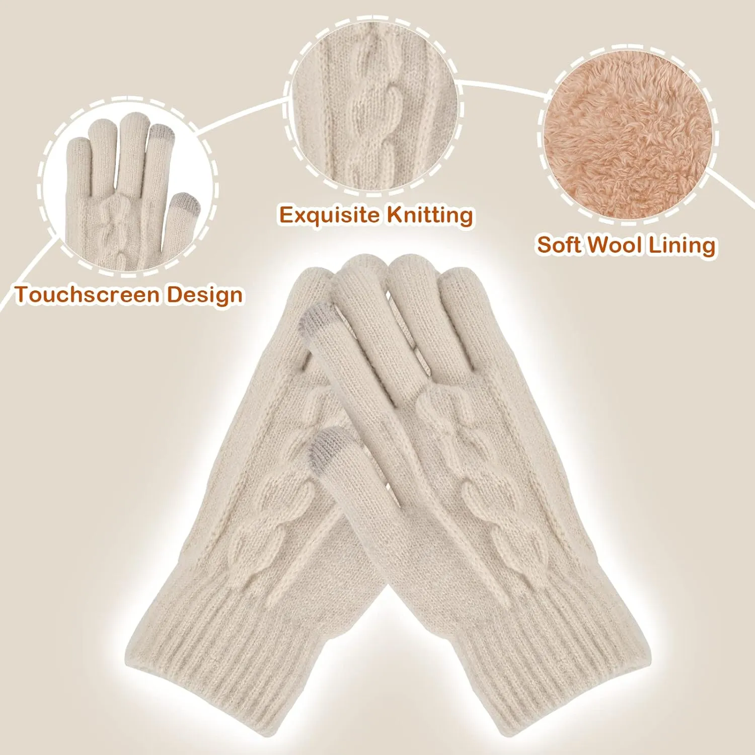 Slouchy Beanie Hat Gloves Set Women Winter Knit Warm Fleece Lined Cap with Cute Pom