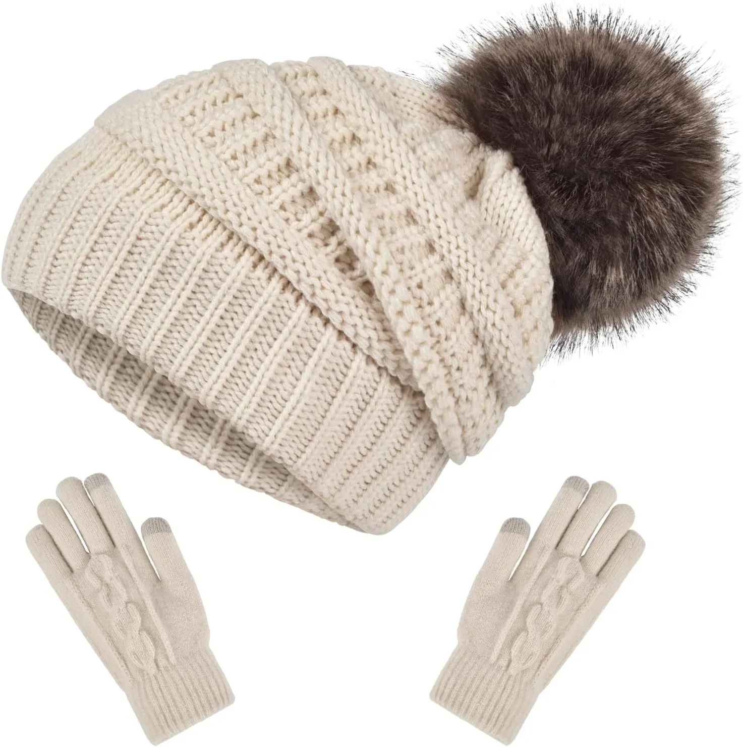 Slouchy Beanie Hat Gloves Set Women Winter Knit Warm Fleece Lined Cap with Cute Pom