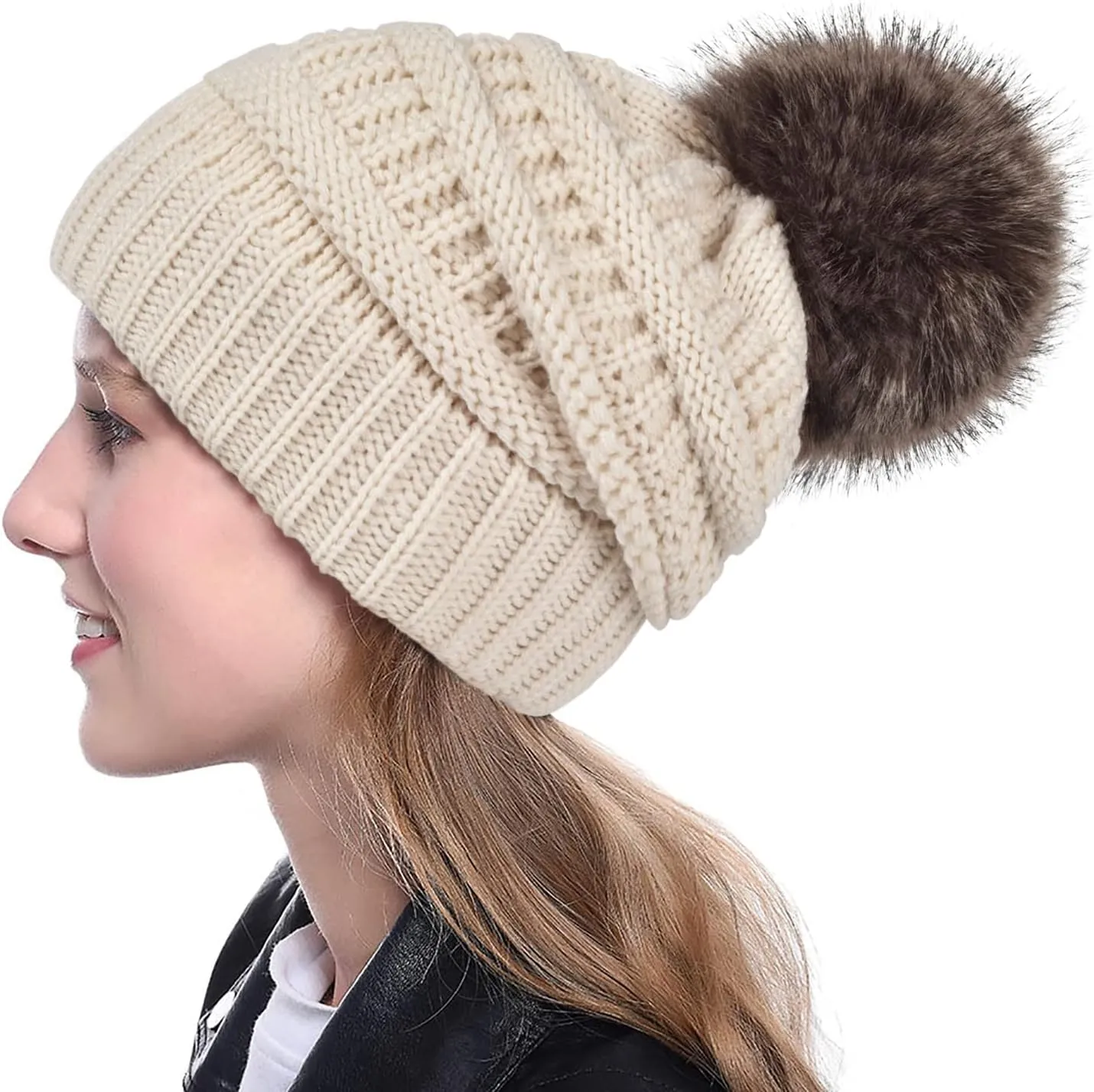 Slouchy Beanie Hat Gloves Set Women Winter Knit Warm Fleece Lined Cap with Cute Pom