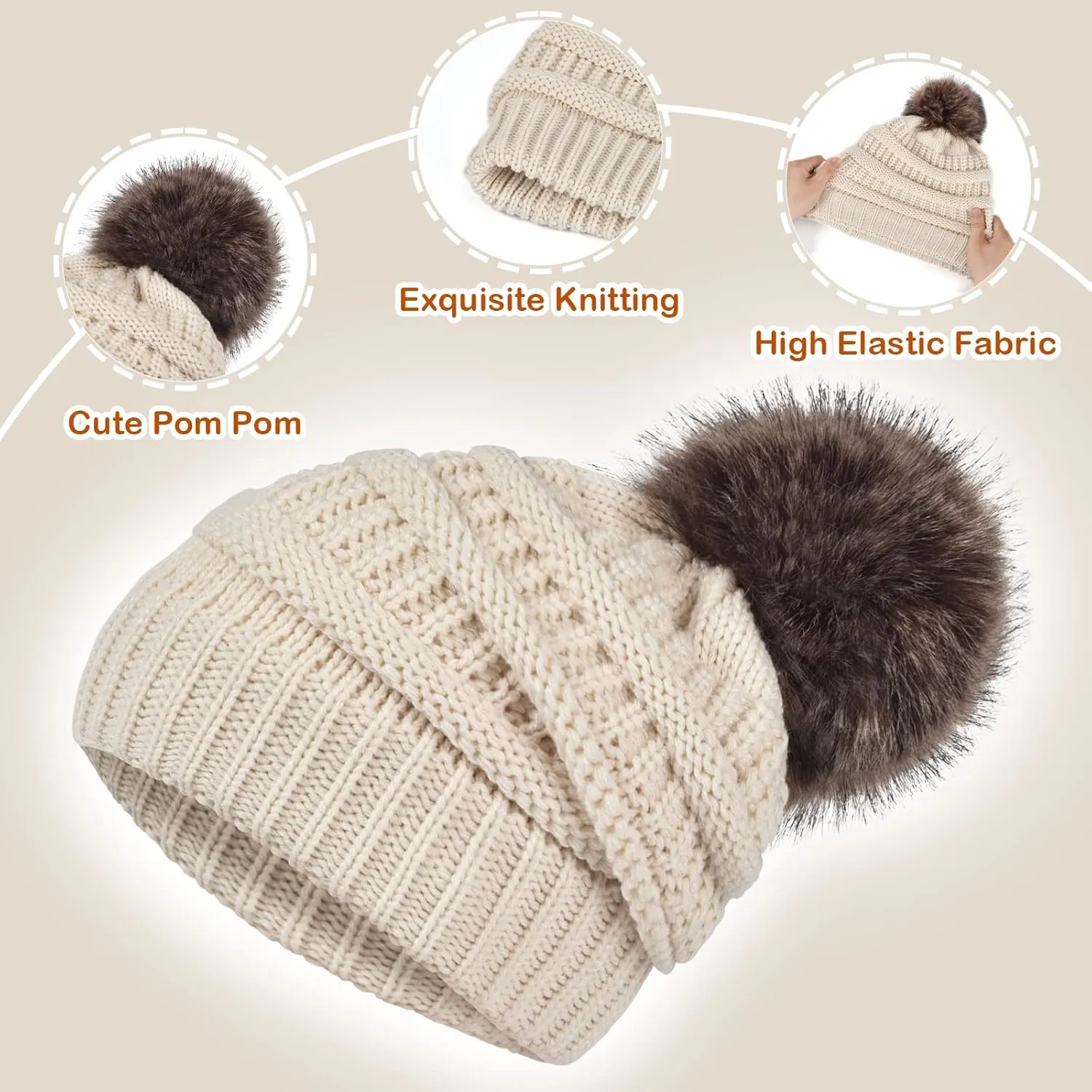 Slouchy Beanie Hat Gloves Set Women Winter Knit Warm Fleece Lined Cap with Cute Pom