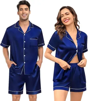 SWOMOG Couple Silk Satin Pajama Set Women & Men Short Sleeve 2pc Pjs Button Down Sleepwear Loungewear
