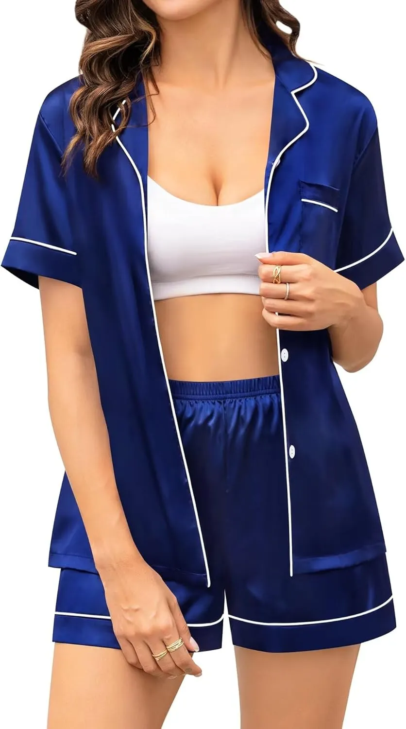 SWOMOG Couple Silk Satin Pajama Set Women & Men Short Sleeve 2pc Pjs Button Down Sleepwear Loungewear