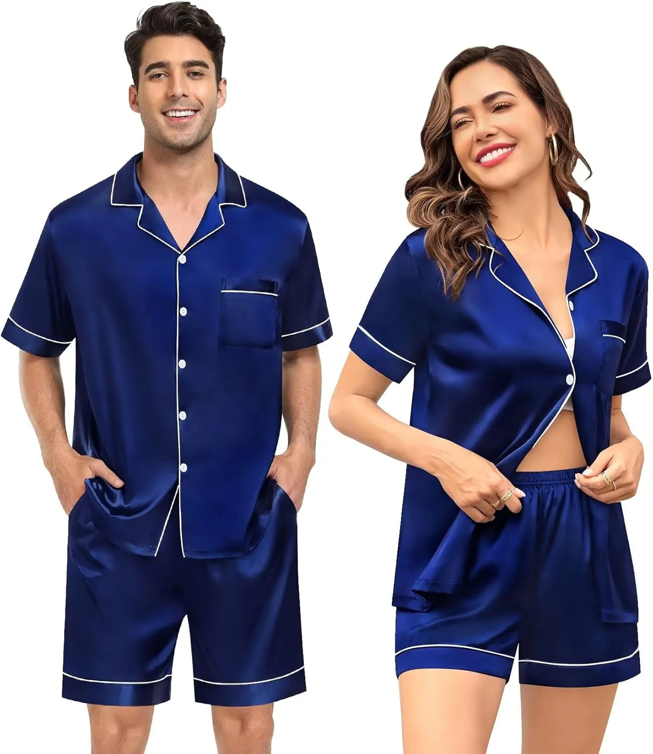 SWOMOG Couple Silk Satin Pajama Set Women & Men Short Sleeve 2pc Pjs Button Down Sleepwear Loungewear
