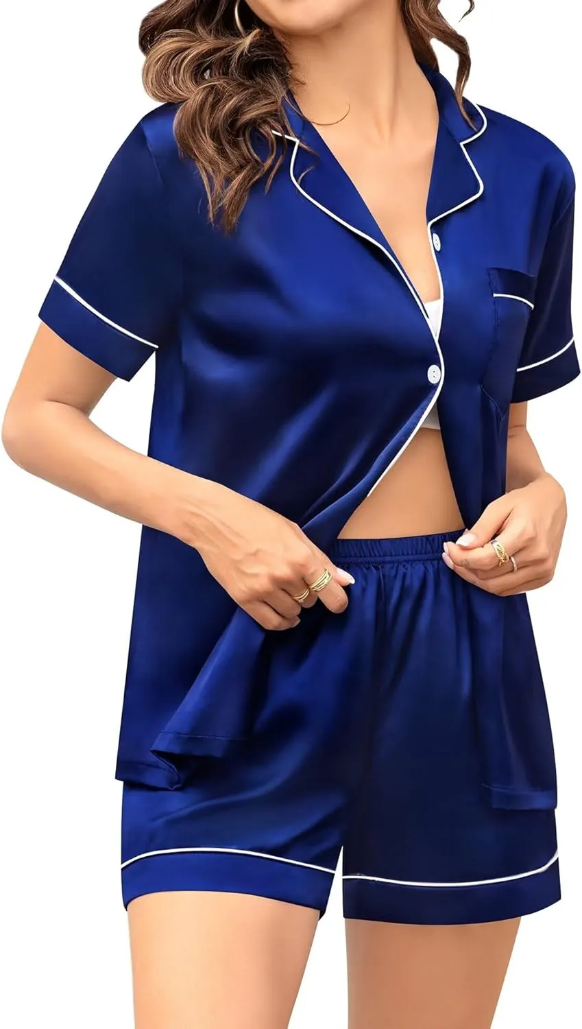 SWOMOG Couple Silk Satin Pajama Set Women & Men Short Sleeve 2pc Pjs Button Down Sleepwear Loungewear