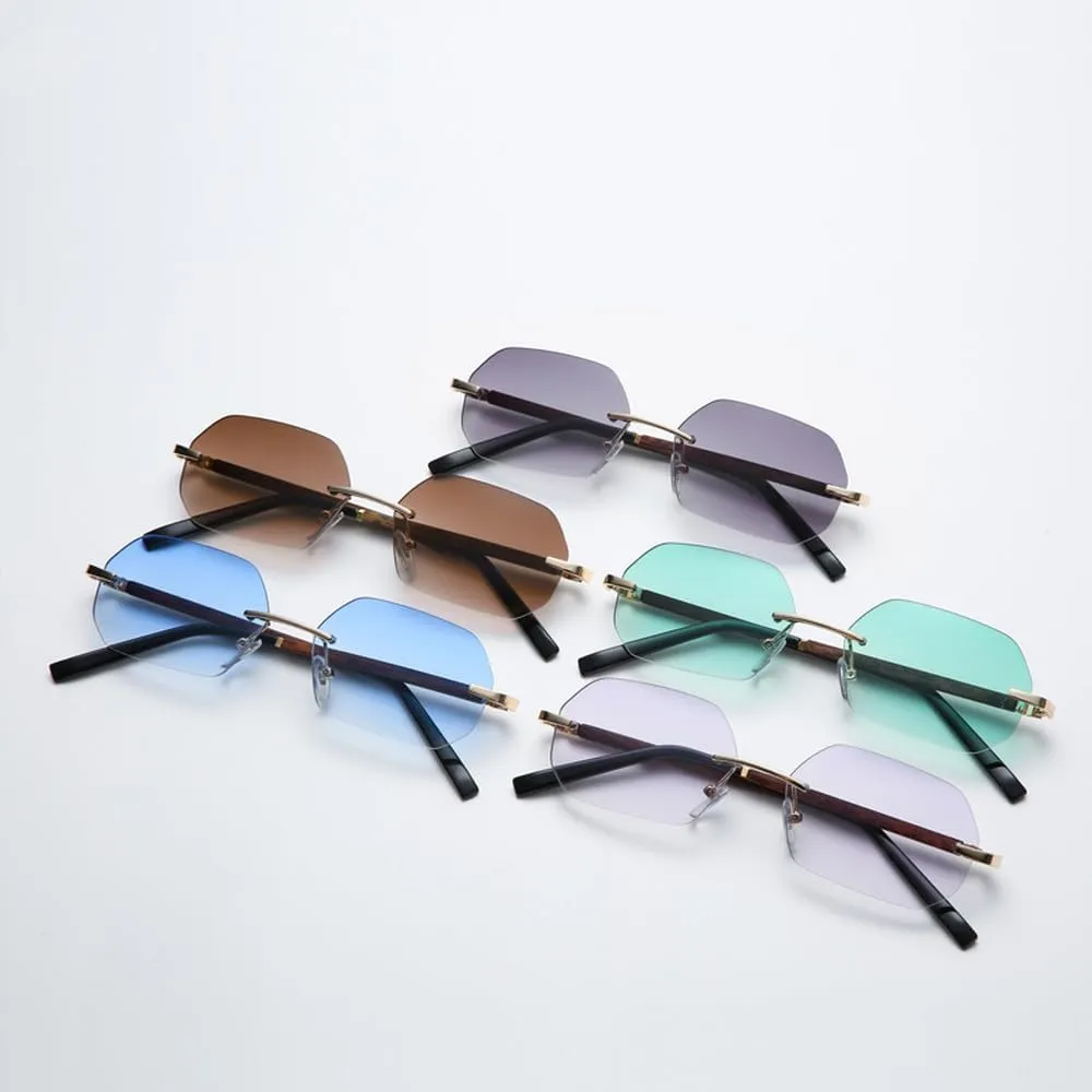 Vintage Sunglasses Women Retro Rimless Polygon Wooden Frame Sun Glasses Female Gradient Shades