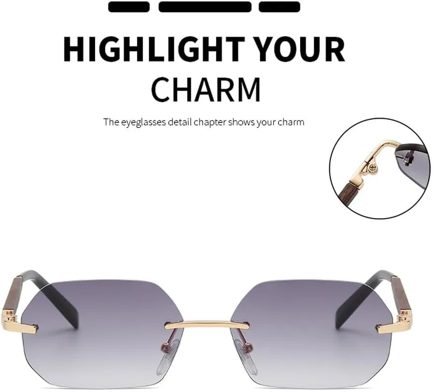 Vintage Sunglasses Women Retro Rimless Polygon Wooden Frame Sun Glasses Female Gradient Shades