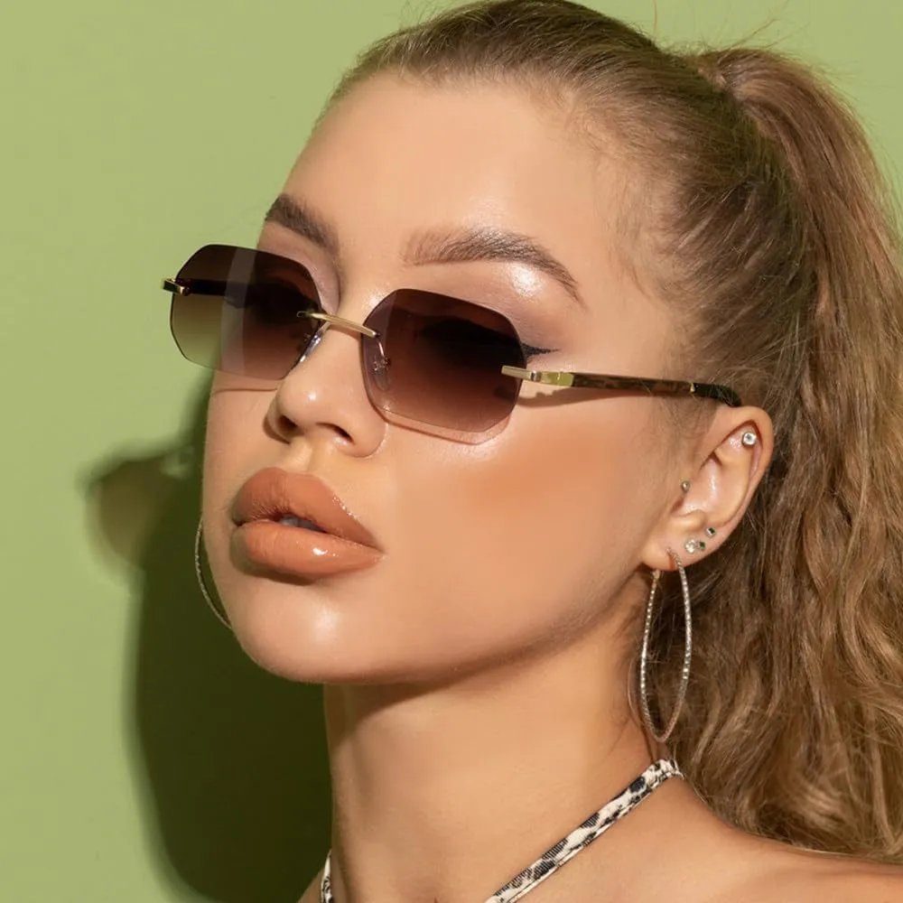 Vintage Sunglasses Women Retro Rimless Polygon Wooden Frame Sun Glasses Female Gradient Shades