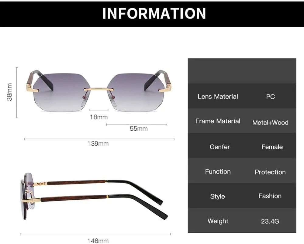 Vintage Sunglasses Women Retro Rimless Polygon Wooden Frame Sun Glasses Female Gradient Shades