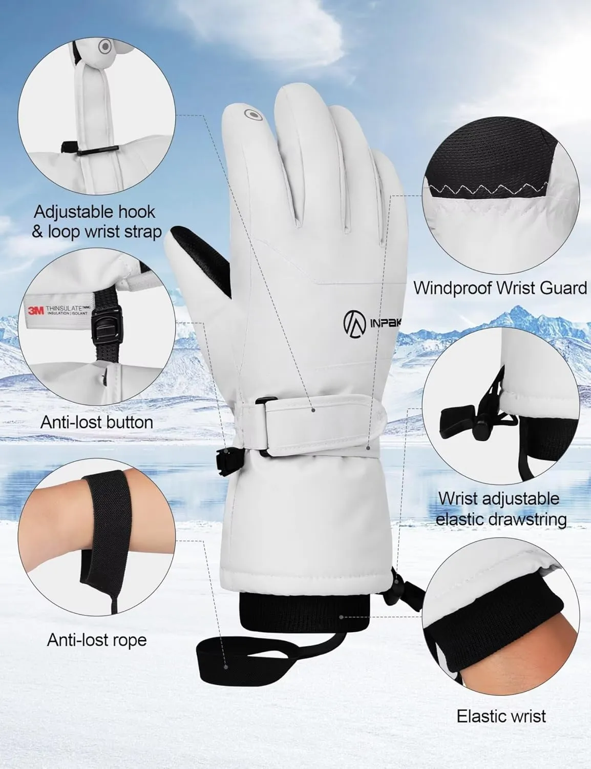 Winter Ski Gloves Men Women, 3M Thinsulate Snow Gloves, Waterproof Windproof Touchscreen Snowboarding Gloves, 5-Layer Thermal Warm Cold Weather Gloves for Skiing, Snowboard, Snowmobile