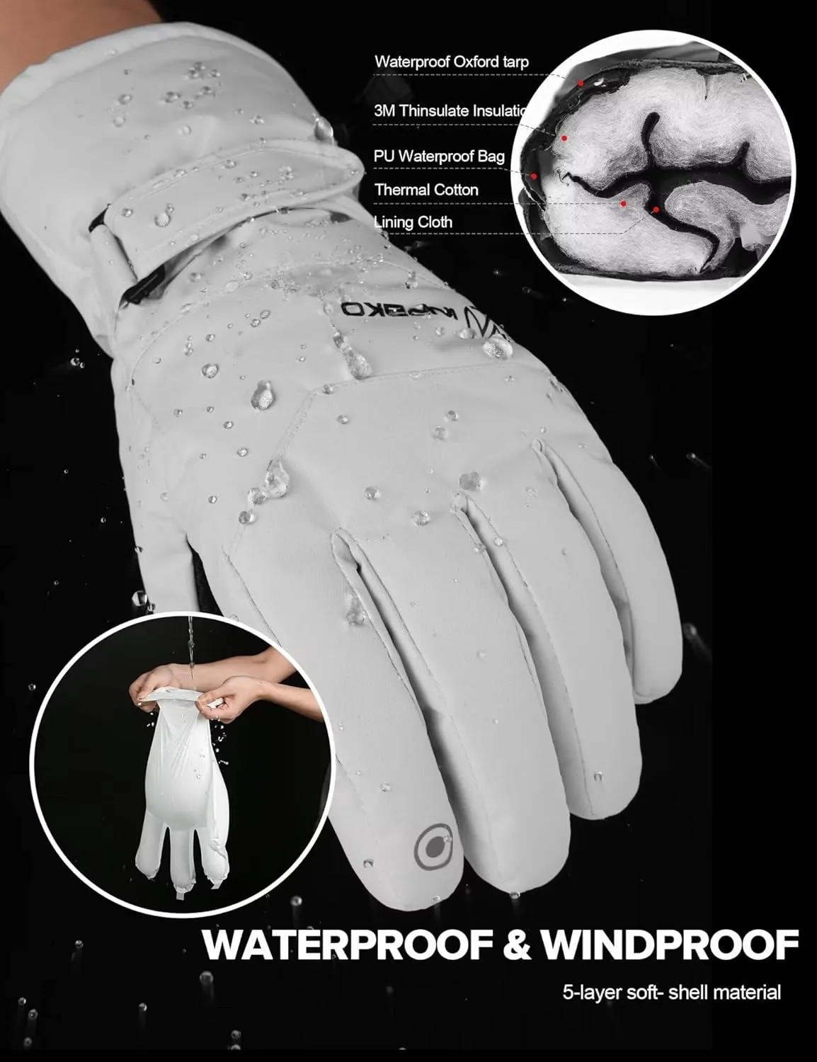 Winter Ski Gloves Men Women, 3M Thinsulate Snow Gloves, Waterproof Windproof Touchscreen Snowboarding Gloves, 5-Layer Thermal Warm Cold Weather Gloves for Skiing, Snowboard, Snowmobile