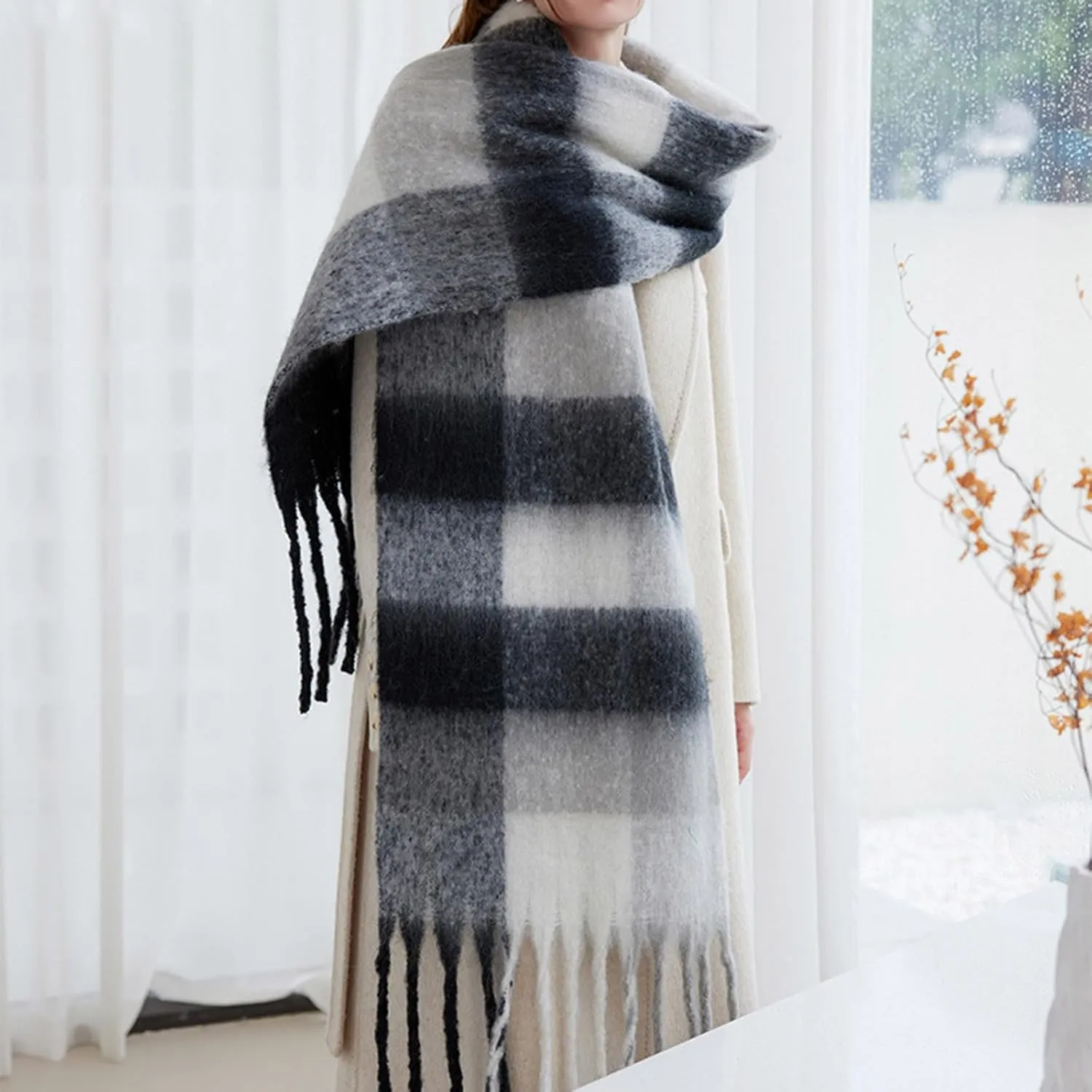 Women's Fashion Scarves Long Cashmere Like Shawl Winter Warm Knit Large Tassel Plaid Scarf Soft Warm Blanket Wrap
